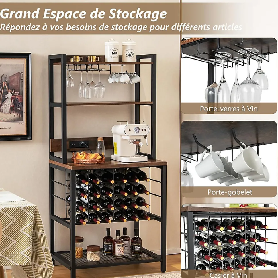 Meuble Casier à Vin aevc Station de Charge Intégrée, Porte-Bouteille pour 9 Verres et 24 Bouteilles, 162,5x48x76CM