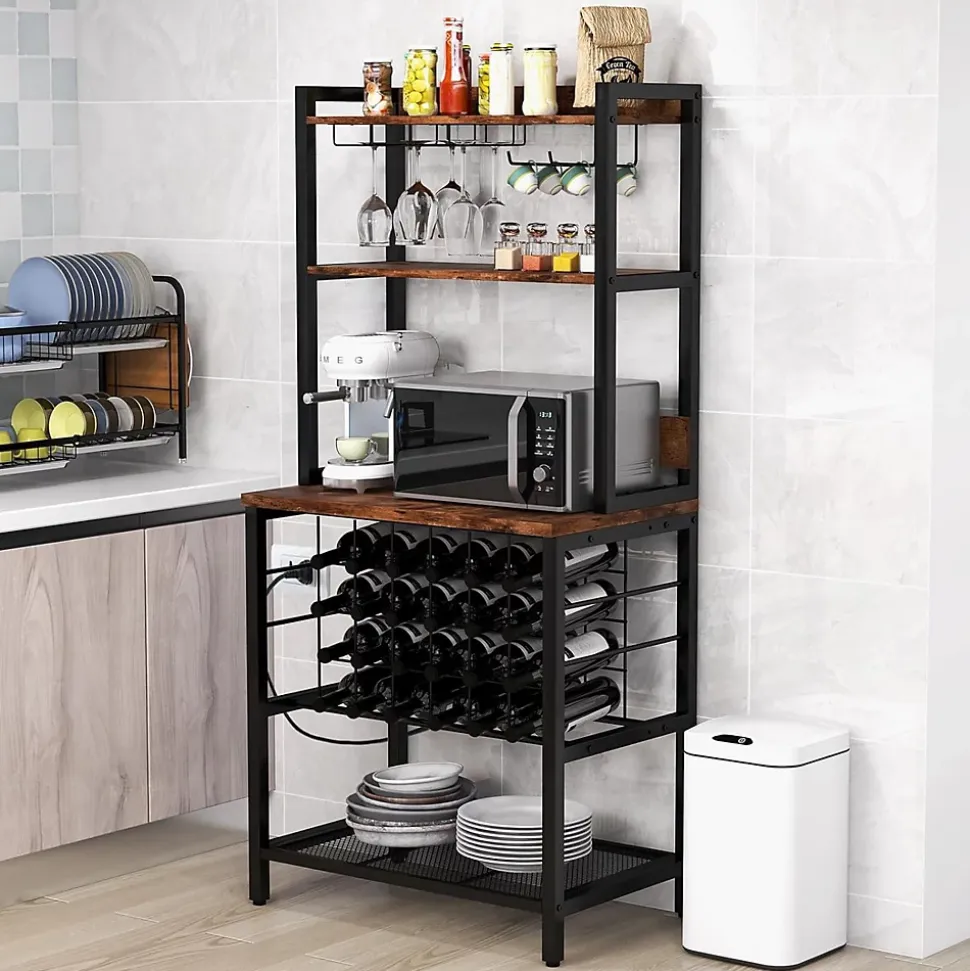 Meuble Casier à Vin aevc Station de Charge Intégrée, Porte-Bouteille pour 9 Verres et 24 Bouteilles, 162,5x48x76CM