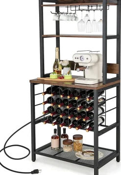 Meuble Casier à Vin aevc Station de Charge Intégrée, Porte-Bouteille pour 9 Verres et 24 Bouteilles, 162,5x48x76CM