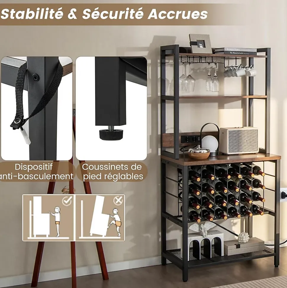 Meuble Casier à Vin aevc Station de Charge Intégrée, Porte-Bouteille pour 9 Verres et 24 Bouteilles, 162,5x48x76CM