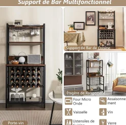 Meuble Casier à Vin aevc Station de Charge Intégrée, Porte-Bouteille pour 9 Verres et 24 Bouteilles, 162,5x48x76CM