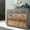 Meuble chambre. Commode avec 4 tiroirs en mélaminé coloris gris ciment portes bois effet vieilli. L - H - P : 151 - 86 - 37 cm.