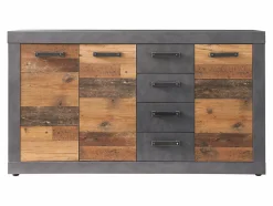 Meuble chambre. Commode avec 4 tiroirs en mélaminé coloris gris ciment portes bois effet vieilli. L - H - P : 151 - 86 - 37 cm.