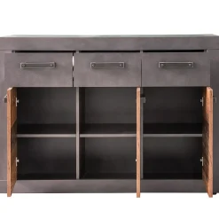 Meuble chambre. Commode avec 3 tiroirs en mélaminé coloris gris ciment portes bois effet vieilli. L - H - P : 117 - 86 - 37 cm.