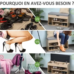 Meuble chaussures banc à chaussures 2 niveaux rangement, niche + coffre intégré avec coussin beige gris