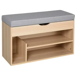 Meuble chaussures banc à chaussures 2 niveaux rangement, niche + coffre intégré avec coussin beige gris