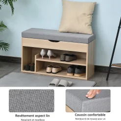 Meuble chaussures banc à chaussures 2 niveaux rangement, niche + coffre intégré avec coussin beige gris