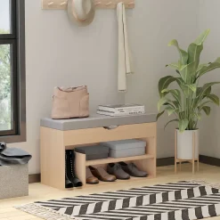 Meuble chaussures banc à chaussures 2 niveaux rangement, niche + coffre intégré avec coussin beige gris