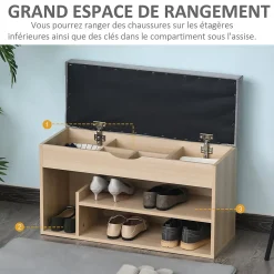 Meuble chaussures banc à chaussures 2 niveaux rangement, niche + coffre intégré avec coussin beige gris