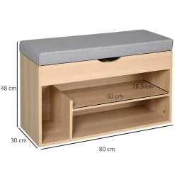 Meuble chaussures banc à chaussures 2 niveaux rangement, niche + coffre intégré avec coussin beige gris