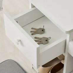 Meuble chaussures banc à chaussures 2 niveaux rangement, niche, tiroir, coffre intégré avec coussin gris blanc