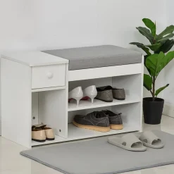 Meuble chaussures banc à chaussures 2 niveaux rangement, niche, tiroir, coffre intégré avec coussin gris blanc