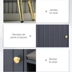 Meuble chaussures banc à chaussures style art déco placard niche banquette assise dossier PU acier doré panneaux gris