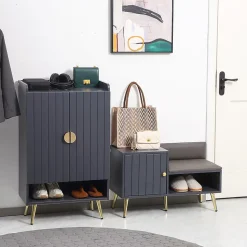 Meuble chaussures banc à chaussures style art déco placard niche banquette assise dossier PU acier doré panneaux gris