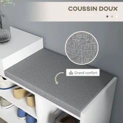 Meuble chaussures banc à chaussures tiroir 3 niches coussin gris inclus panneaux blanc