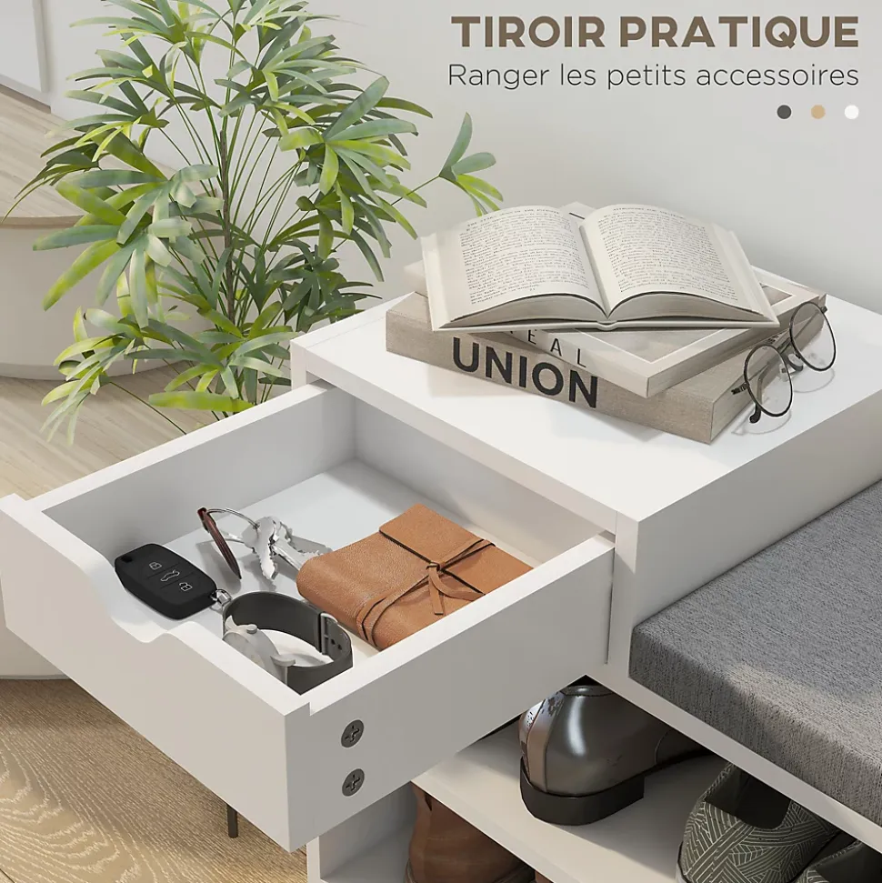 Meuble chaussures banc à chaussures tiroir 3 niches coussin gris inclus panneaux blanc