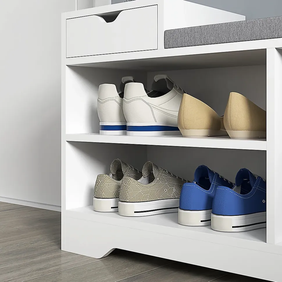 Meuble chaussures banc à chaussures tiroir 3 niches coussin gris inclus panneaux blanc