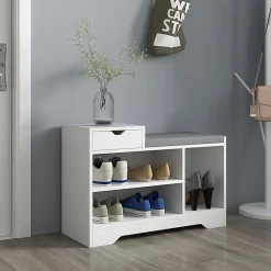 Meuble chaussures banc à chaussures tiroir 3 niches coussin gris inclus panneaux blanc