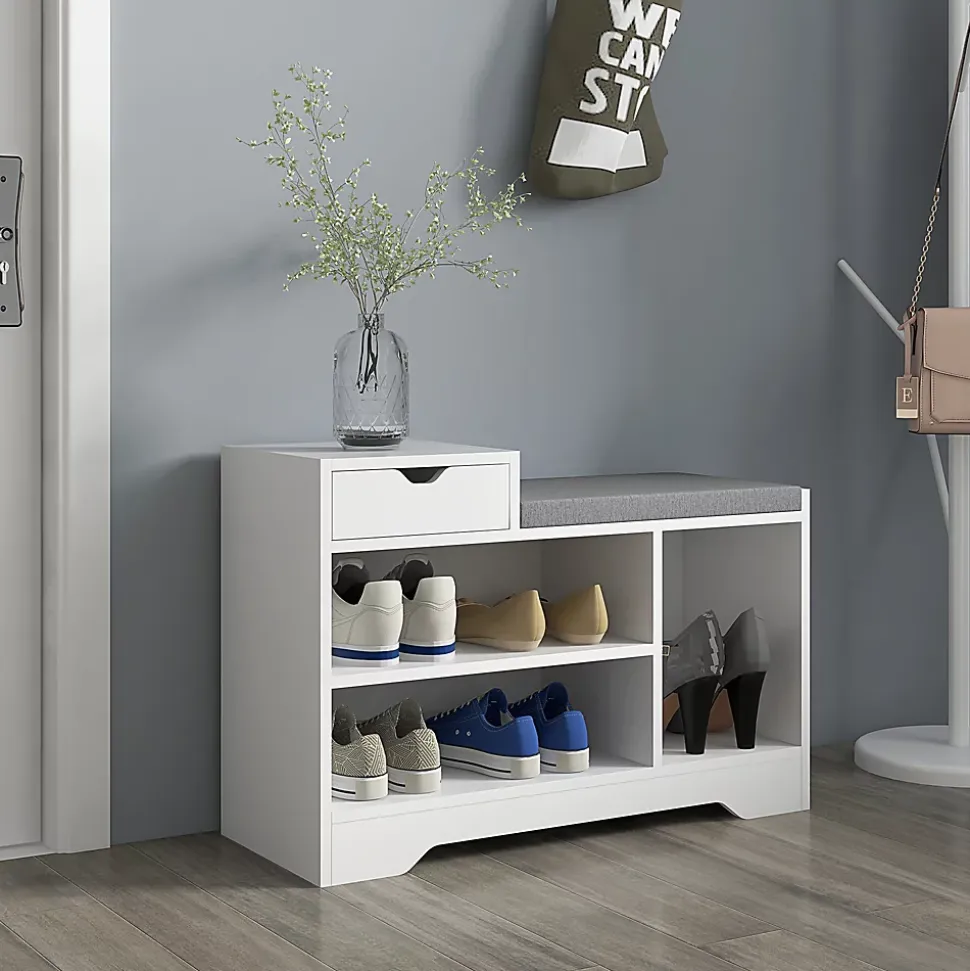 Meuble chaussures banc à chaussures tiroir 3 niches coussin gris inclus panneaux blanc