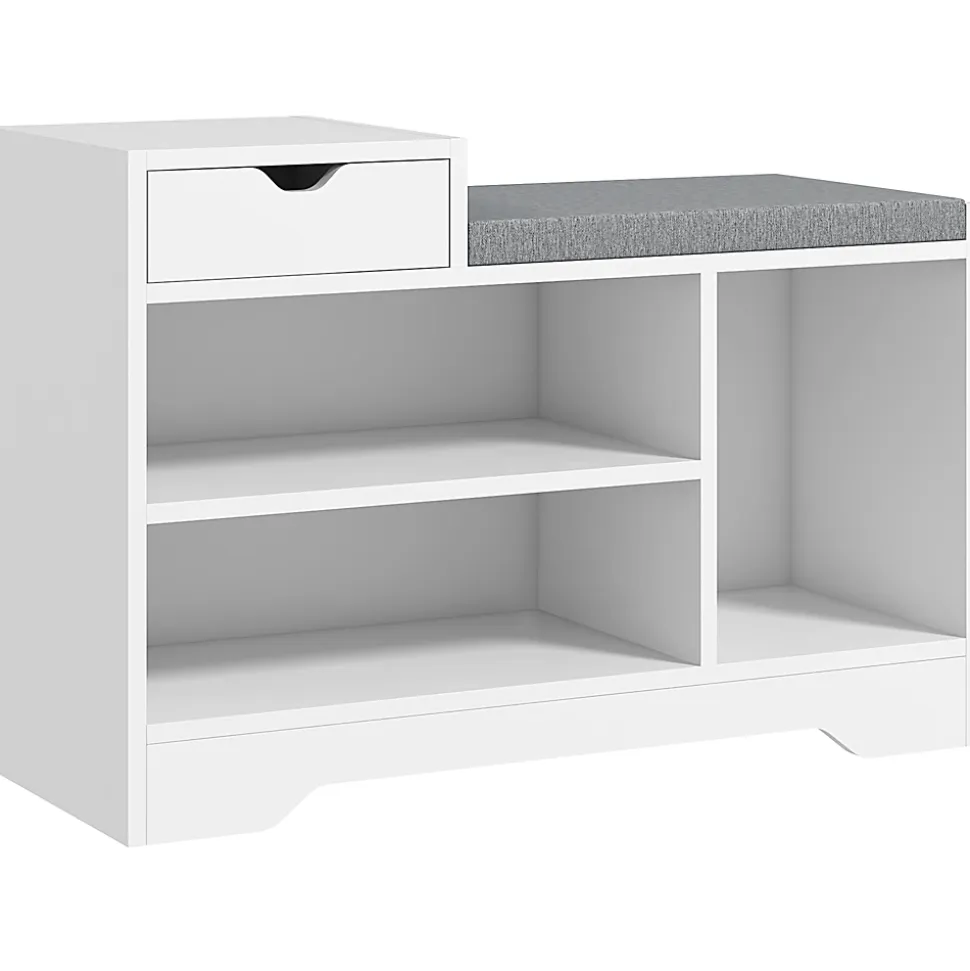 Meuble chaussures banc à chaussures tiroir 3 niches coussin gris inclus panneaux blanc