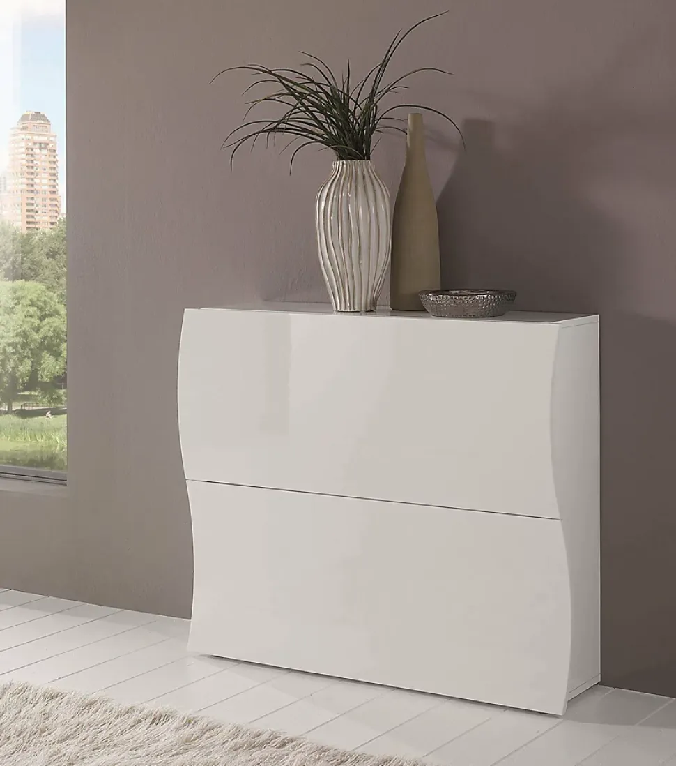 Meuble chaussures Dabayom, Armoire polyvalente avec 2 portes pliantes, 101x27h82 cm, Blanc brillant