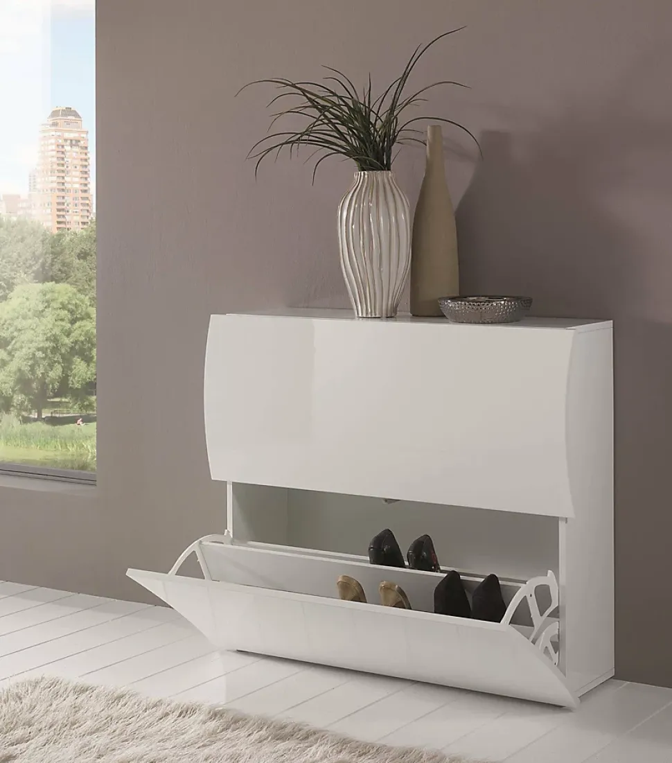 Meuble chaussures Dabayom, Armoire polyvalente avec 2 portes pliantes, 101x27h82 cm, Blanc brillant