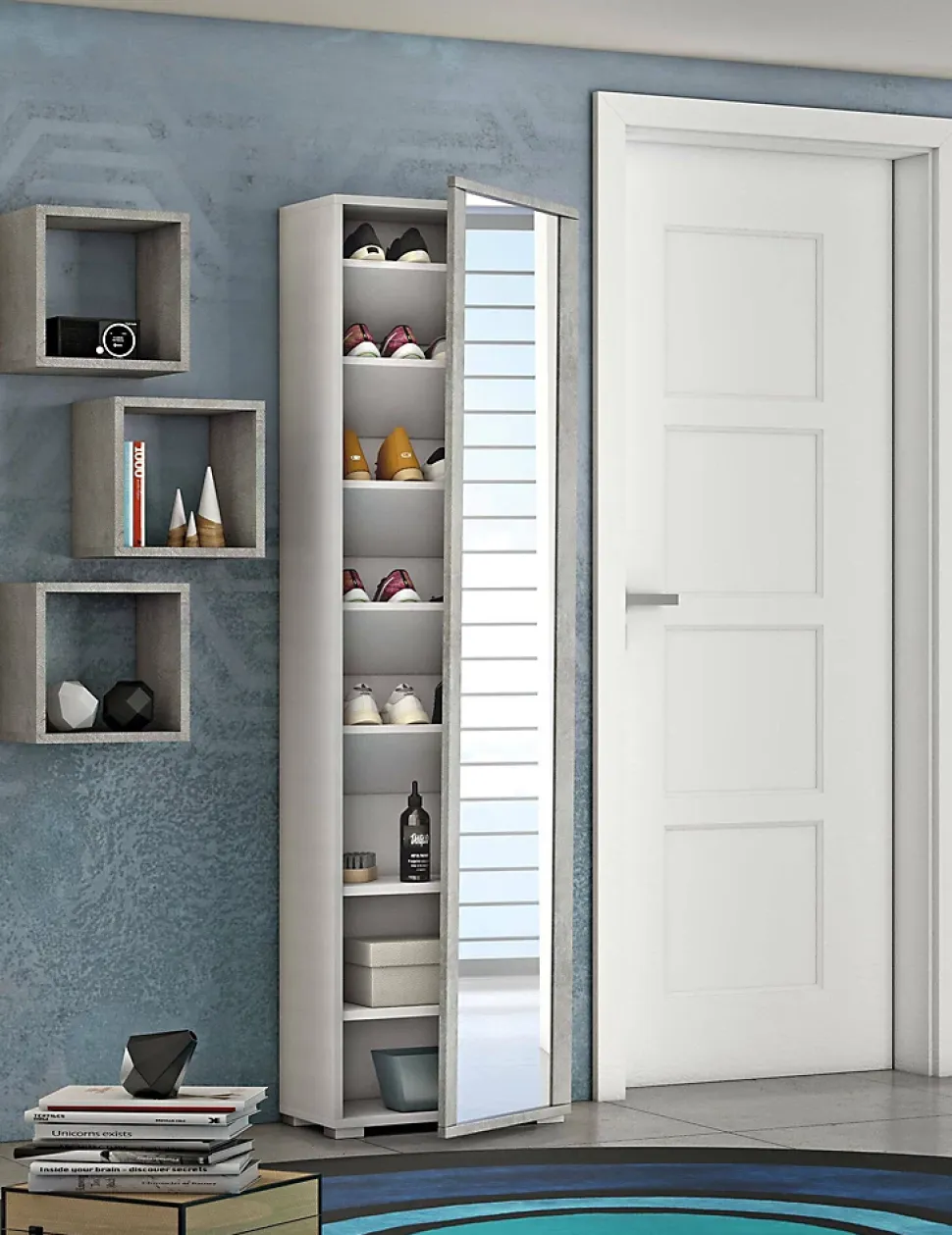 Meuble chaussures Dcandel, Meuble d'entrée avec porte miroir, meuble à chaussures avec 7 Etageres, 50x32hx182 cm, Blanc et Ciment