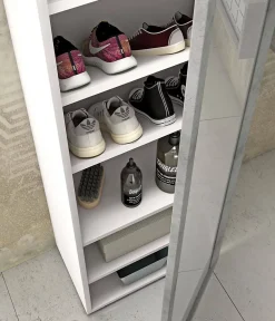 Meuble chaussures Dcandel, Meuble d'entrée avec porte miroir, meuble à chaussures avec 7 Etageres, 50x32hx182 cm, Blanc et Ciment