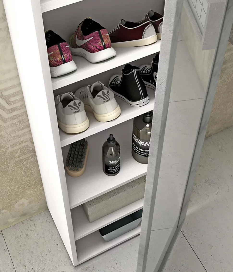 Meuble chaussures Dcandel, Meuble d'entrée avec porte miroir, meuble à chaussures avec 7 Etageres, 50x32hx182 cm, Blanc et Ciment