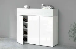 Meuble chaussures Dcanestrell, meuble à chaussures peu encombrant à 4 portes, 114x38h100 cm, effet mélèze blanc