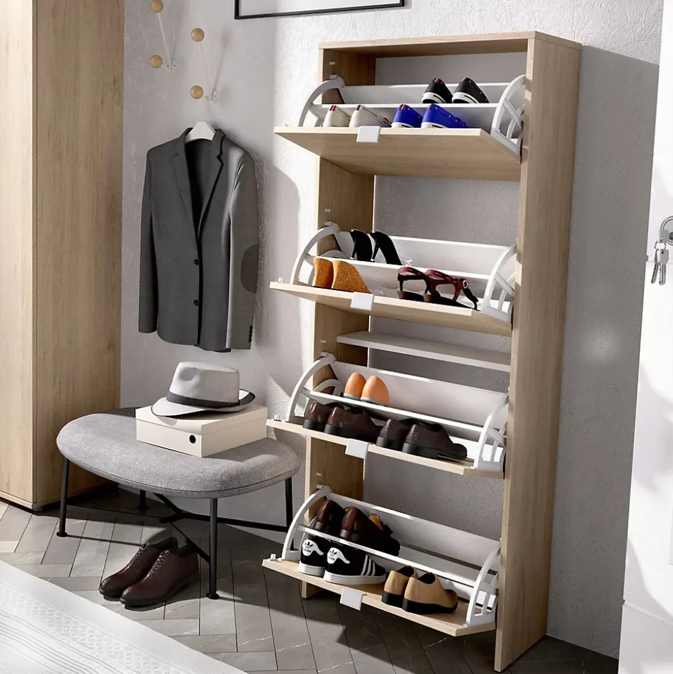 Meuble chaussures Dmurie, Meuble chaussures d'entrée peu encombrante, Meuble avec 4 portes pliantes, 61x25h149 cm, Chêne