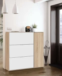 Meuble chaussures Provo, armoire à chaussures 4 portes, armoire basse polyvalente avec 5 étagères, 106x22h115 cm, chêne et blanc