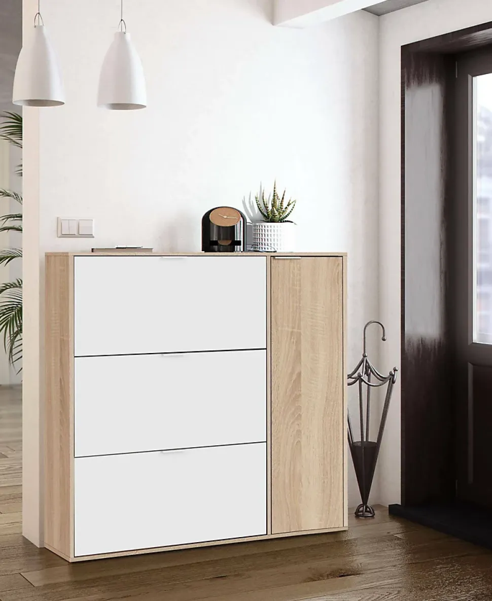 Meuble chaussures Provo, armoire à chaussures 4 portes, armoire basse polyvalente avec 5 étagères, 106x22h115 cm, chêne et blanc