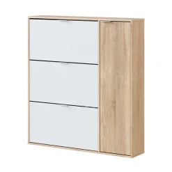 Meuble chaussures Provo, armoire à chaussures 4 portes, armoire basse polyvalente avec 5 étagères, 106x22h115 cm, chêne et blanc