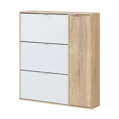 Meuble chaussures Provo, armoire à chaussures 4 portes, armoire basse polyvalente avec 5 étagères, 106x22h115 cm, chêne et blanc