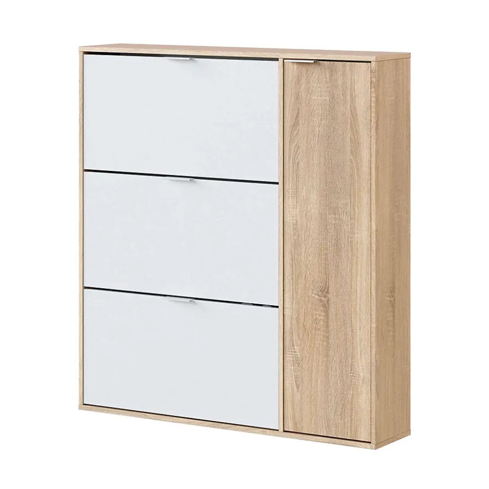 Meuble chaussures Provo, armoire à chaussures 4 portes, armoire basse polyvalente avec 5 étagères, 106x22h115 cm, chêne et blanc