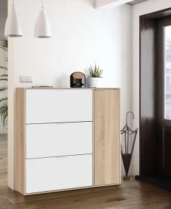 Meuble chaussures Provo, armoire à chaussures 4 portes, armoire basse polyvalente avec 5 étagères, 106x22h115 cm, chêne et blanc