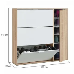 Meuble chaussures Provo, armoire à chaussures 4 portes, armoire basse polyvalente avec 5 étagères, 106x22h115 cm, chêne et blanc