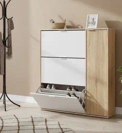 Meuble chaussures Provo, armoire à chaussures 4 portes, armoire basse polyvalente avec 5 étagères, 106x22h115 cm, chêne et blanc