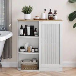 Meuble d'Angle Salle de Bain - Rangement avec Étagères ouvertes et Portes en Treillis, MDF, Blanc, 68x25x76 cm
