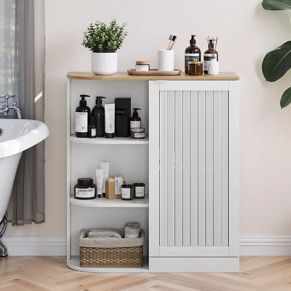 Meuble d'Angle Salle de Bain - Rangement avec Étagères ouvertes et Portes en Treillis, MDF, Blanc, 68x25x76 cm