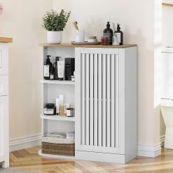 Meuble d'Angle Salle de Bain - Rangement avec Étagères ouvertes et Portes en Treillis, MDF, Blanc, 68x25x76 cm