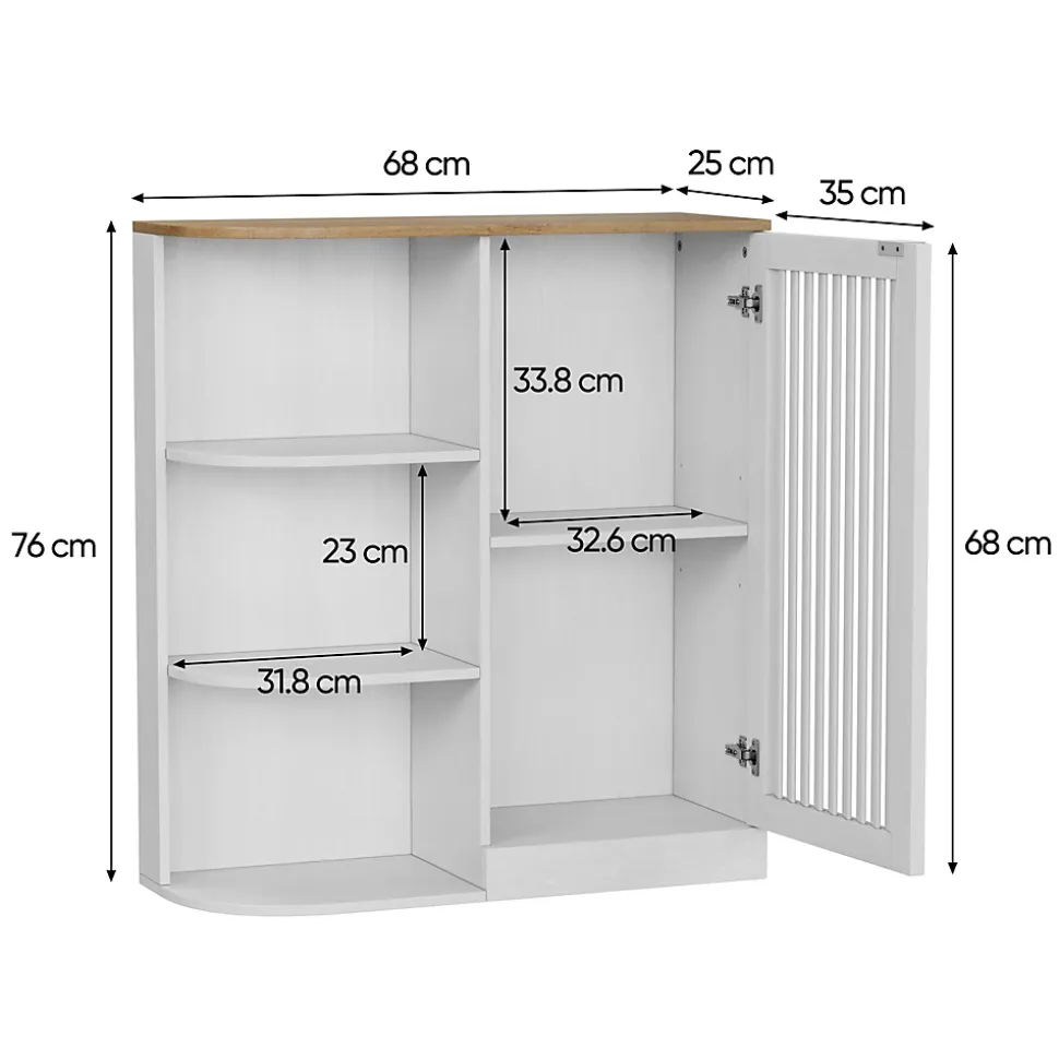 Meuble d'Angle Salle de Bain - Rangement avec Étagères ouvertes et Portes en Treillis, MDF, Blanc, 68x25x76 cm
