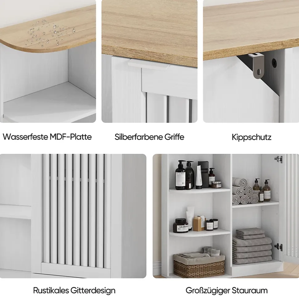 Meuble d'Angle Salle de Bain - Rangement avec Étagères ouvertes et Portes en Treillis, MDF, Blanc, 68x25x76 cm