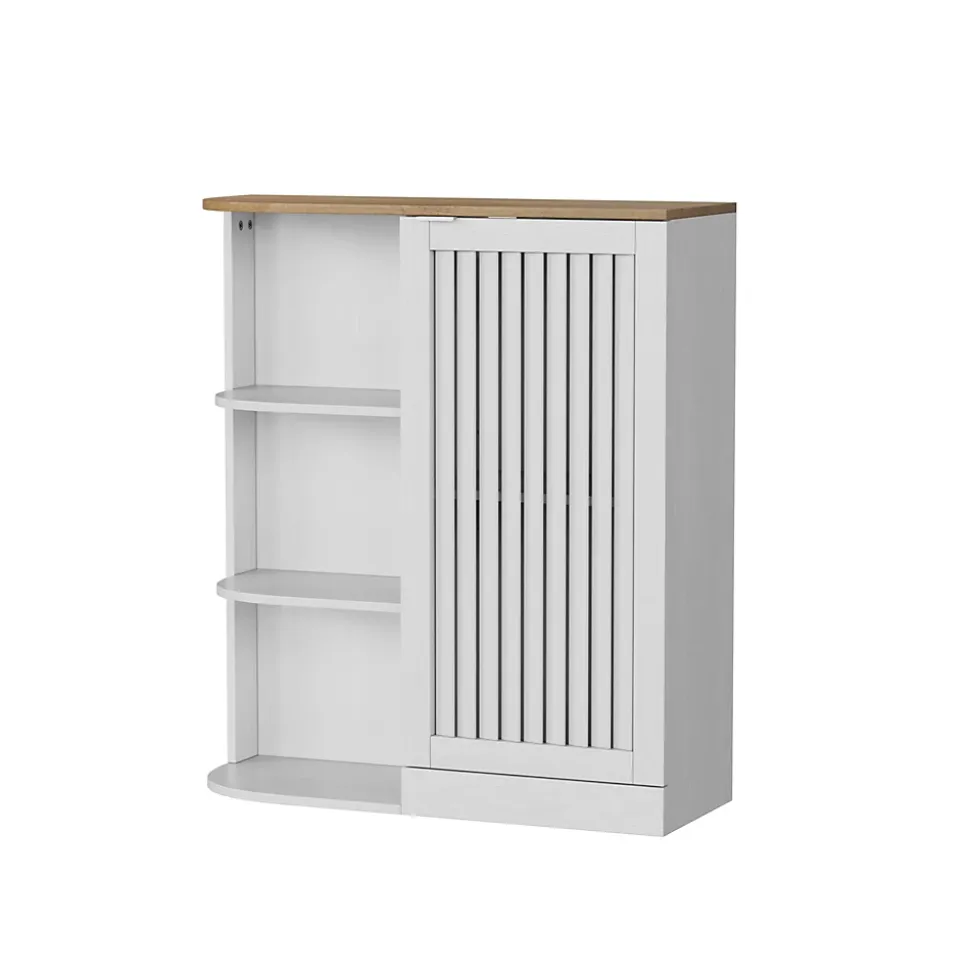 Meuble d'Angle Salle de Bain - Rangement avec Étagères ouvertes et Portes en Treillis, MDF, Blanc, 68x25x76 cm