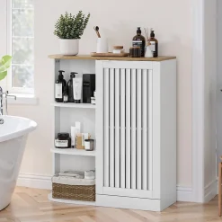 Meuble d'Angle Salle de Bain - Rangement avec Étagères ouvertes et Portes en Treillis, MDF, Blanc, 68x25x76 cm