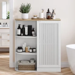 Meuble d'Angle Salle de Bain - Rangement avec Étagères ouvertes et Portes en Treillis, MDF, Blanc, 68x25x76 cm