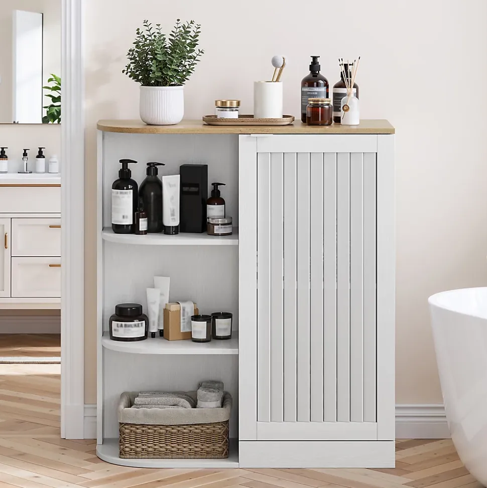 Meuble d'Angle Salle de Bain - Rangement avec Étagères ouvertes et Portes en Treillis, MDF, Blanc, 68x25x76 cm