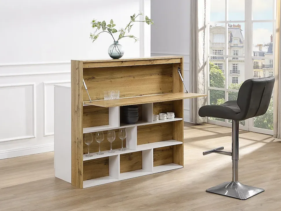 Meuble de bar avec 2 portes et 1 tiroir en MDF - Blanc et Naturel - LAMONIA