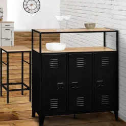 Meuble de bar buffet ESTER 3 portes en métal noir plateau façon hêtre